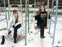 Feet - Asya + Alena - 2003-12-01 Bare feet on snow and small air-balloons
