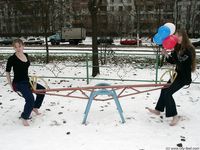 Feet - Asya + Alena - 2003-12-01 Bare feet on snow and small air-balloons