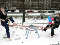Feet - Asya + Alena - 2003-12-01 Bare feet on snow and small air-balloons