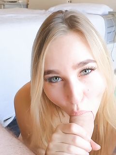 Tiny Blonde on her Knees to Taste Huge Hard Dick