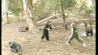 woman vs many man in the park