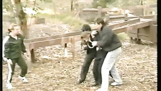 woman vs many man in the park