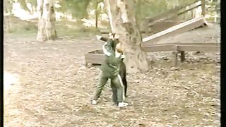 woman vs many man in the park