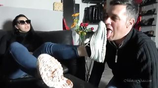 Mistress Gaia stupid su male licking Nike and muddy boots