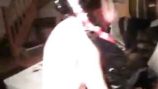 girl in latex gets fucked, cuckold hubby licks sperm