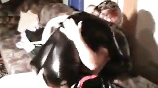 girl in latex gets fucked, cuckold hubby licks sperm