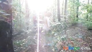 chubby girl with big booty walking nude in forest