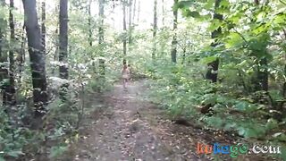 chubby girl with big booty walking nude in forest