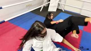 Karate girl and Jiu-Jitsu girl beat a loser man