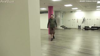 Beautif blonde Karateka kicks man