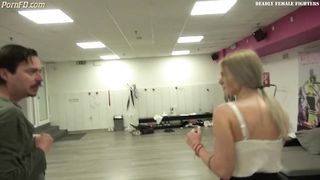 Beautif blonde Karateka kicks man