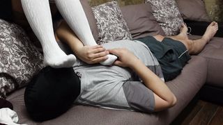 Slave kiss feet Schoolgirl Mistress femdome stockings white Knee Socks foot fetish collar masturbate