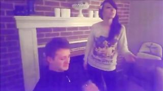 Two girls spit in mans mouth