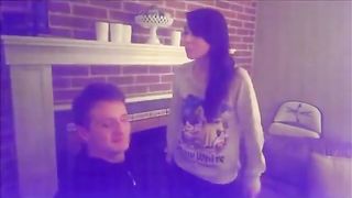 Two girls spit in mans mouth