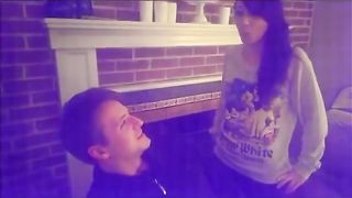 Two girls spit in mans mouth