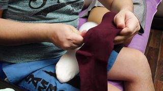 Sexy feet soles in nylon tights pantyhose dress red knee socks foot fetish nylon