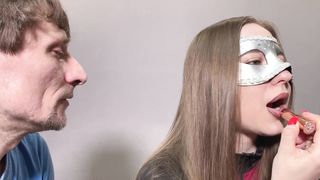 I paint my beautiful lips, and spit in the slave's mouth