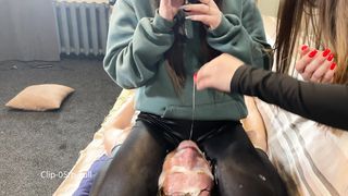 050rb I sat down on the slave's chest, we flooded the slave with saliva)) a sea of saliva on your fa