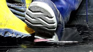 Extreme Ball Stomping and Trampling with DOGA Rubber boots on cock board