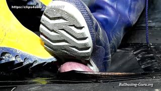 Extreme Ball Stomping and Trampling with DOGA Rubber boots on cock board