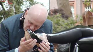 CRUEL ENGLISH FEMDOM - Mistress Evilyne - VERY PUBLIC FOOT SLAVE