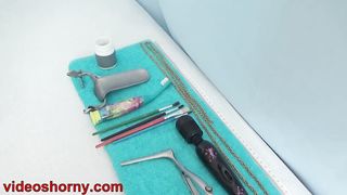 Mature Wife Masturbate Pee hole with brush and Chain into Urethra