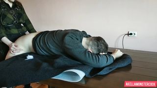 Amateur Girl Hard Pegging his Ass on the Table - Hot Femdom Strapon