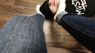 SLAVE LICK FEET MISTRESS IN White Socks and PANTYHOSE NYLON FOOT WORSHIP