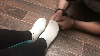 Femdome Slave in Handcuff Worship Sport Socks Mistress