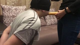 Femdome Blowjob Strapon Mistress Slave Husband in Handcuffs Jeans