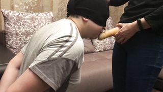 Femdome Blowjob Strapon Mistress Slave Husband in Handcuffs Jeans