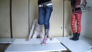 Four girls trample cock and balls with profile boots and high heels