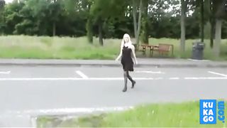 Naughy blonde teases strangers in public