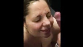 White sluts lets friends cum on her face!