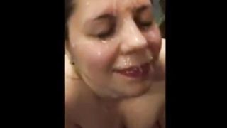 White sluts lets friends cum on her face!