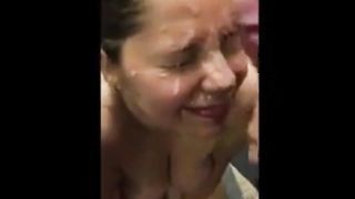 White sluts lets friends cum on her face!