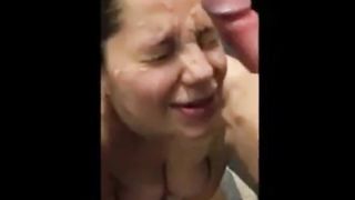White sluts lets friends cum on her face!