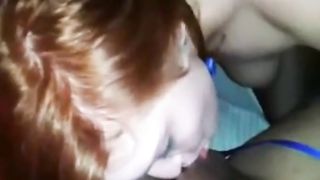 Collared and leashed redhead worships cock and balls