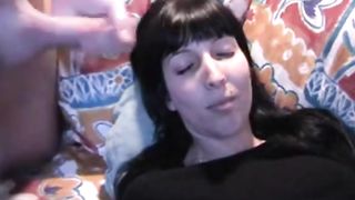 My brunette girl sucks my cock and gets a facial cumshot