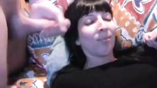 My brunette girl sucks my cock and gets a facial cumshot