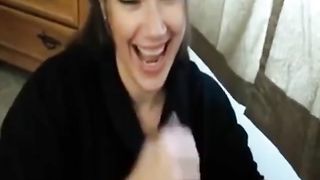 Girl jerks off her boyfriend and takes load in mouth