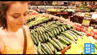 Flashing store and car GF in yellow dress