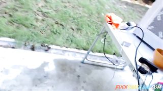 hot secretary take a break outside to squirt