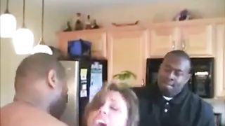 Wfie fucked hard in kitchen by two Black guys