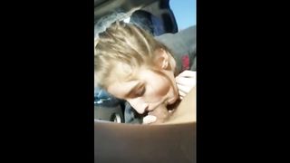 Blonde college girl with braids sucks cock in the car