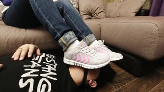 Femdome Slave Gag Stay on Face Shoes White Socks Feet Mistress