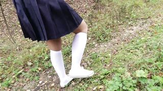 Schoolgirl in White Knee Socks Walk Nature Foot Feet Fetish under Skirt