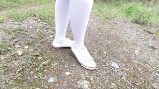 Schoolgirl in White Knee Socks Walk Nature Foot Feet Fetish under Skirt