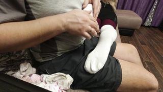 Sexy Girl Shows her Feet in Pantyhose and Golf Knee Socks Soles Foot Fetish