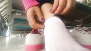Public Shoeplay | Latina Taking off Sneakers & Nylon Socks